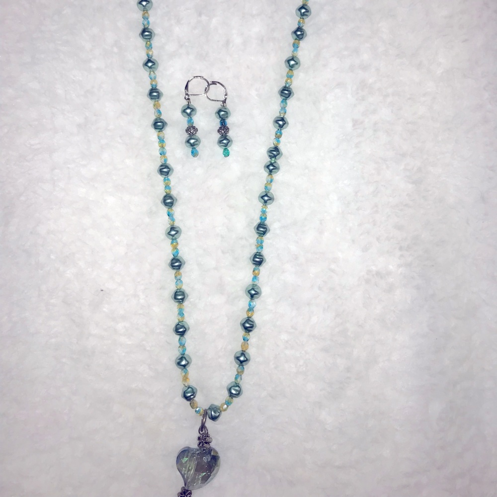 Handmade Green/Teal Beaded Necklace & Earrings